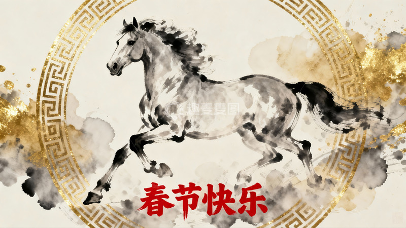 高清大图下载【趣麦麦图】水墨骏马迎春图