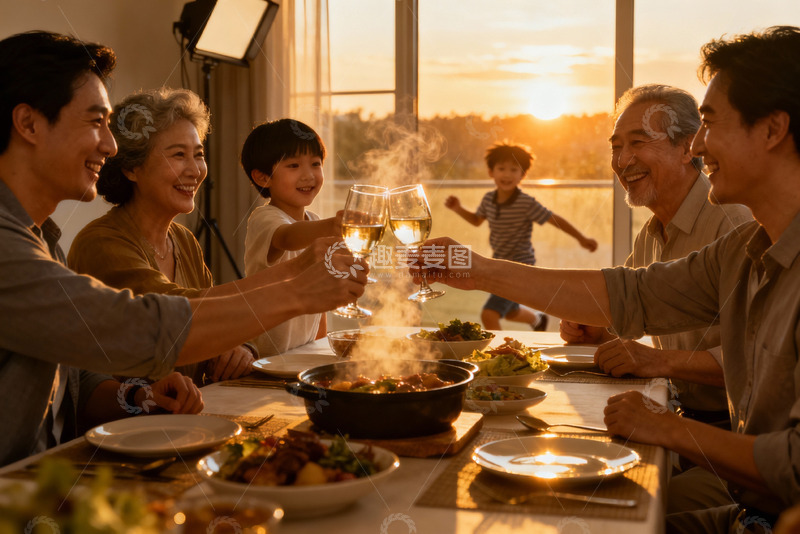 高清大图下载【趣麦麦图】三代同堂家庭聚餐温馨时刻