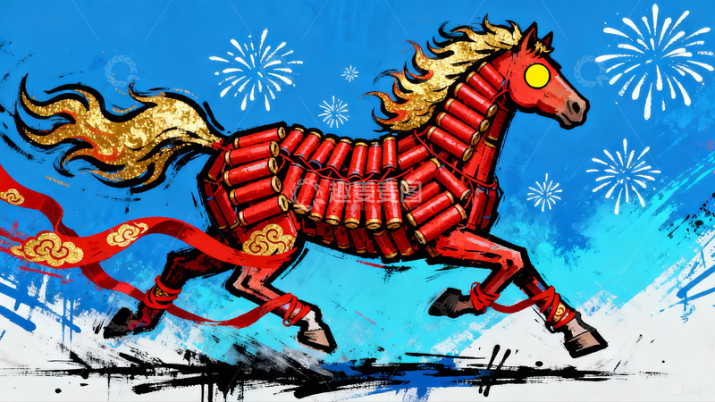 高清大图下载【趣麦麦图】烟花装饰骏马奔腾图