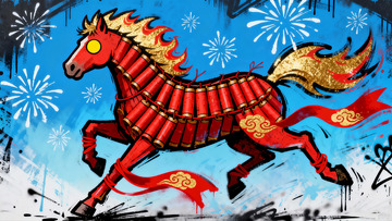 红色骏马挂鞭炮迎新年