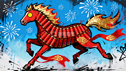 红色骏马挂鞭炮迎新年