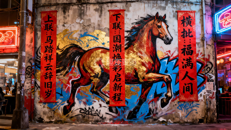 高清大图下载【趣麦麦图】夜街壁画骏马迎春对联