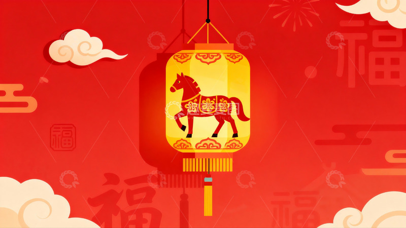 高清大图下载【趣麦麦图】红色背景下的马形灯笼图案