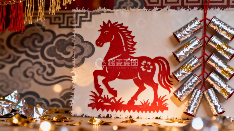 高清大图下载【趣麦麦图】春节剪纸马与鞭炮装饰