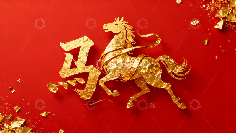高清大图下载【趣麦麦图】金色骏马剪纸艺术新年主题