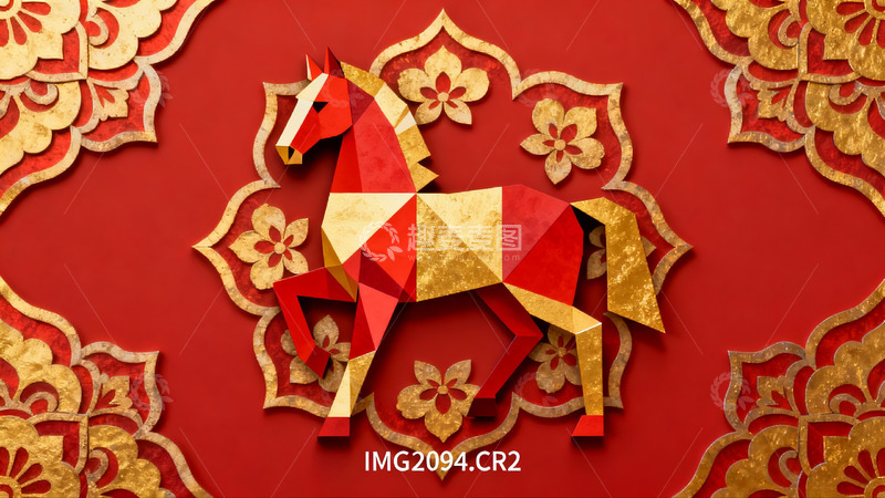 高清大图下载【趣麦麦图】红色背景上的立体马艺术剪纸