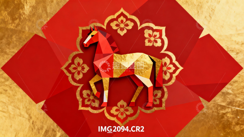 高清大图下载【趣麦麦图】红色背景上的折纸马艺术图案