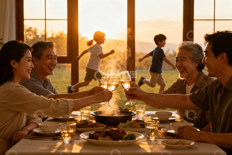 高清大图下载【趣麦麦图】夕阳下家庭聚餐举杯欢庆