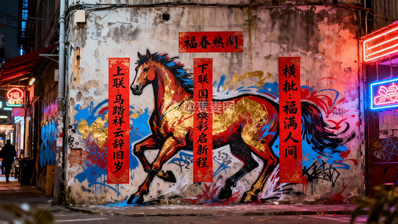 高清大图下载【趣麦麦图】夜街墙绘骏马图