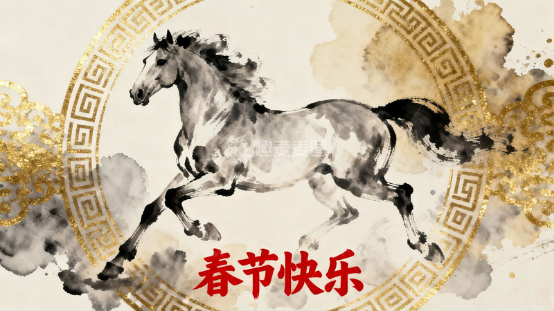 高清大图下载【趣麦麦图】水墨骏马迎春图