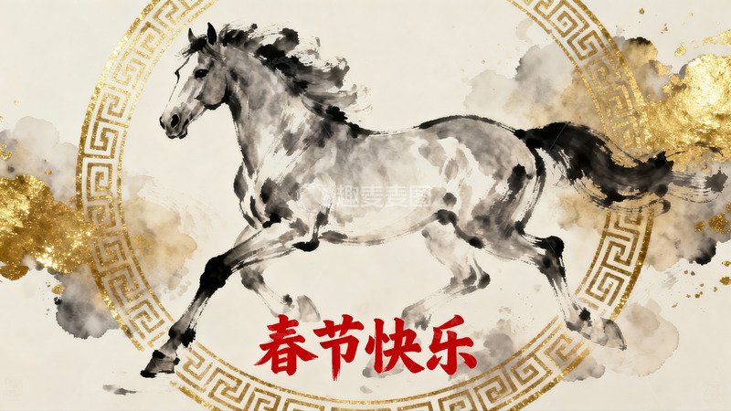 高清大图下载【趣麦麦图】水墨骏马迎春图