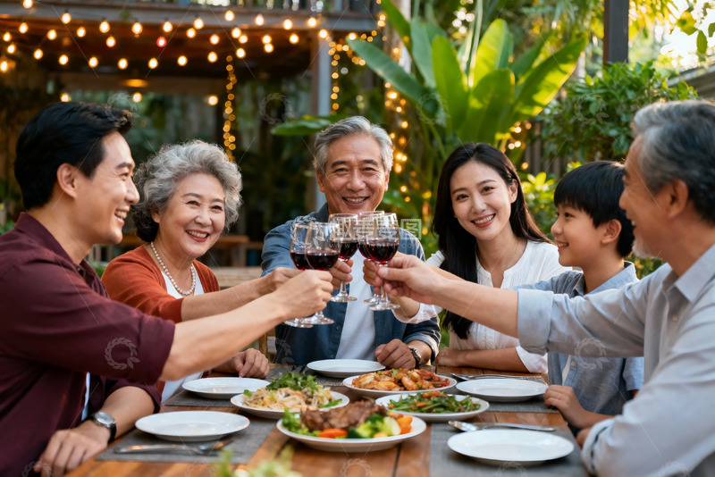 高清大图下载【趣麦麦图】三代同堂户外聚餐举杯欢庆