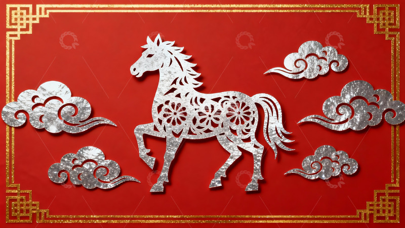 高清大图下载【趣麦麦图】红色背景上的银色马形剪纸