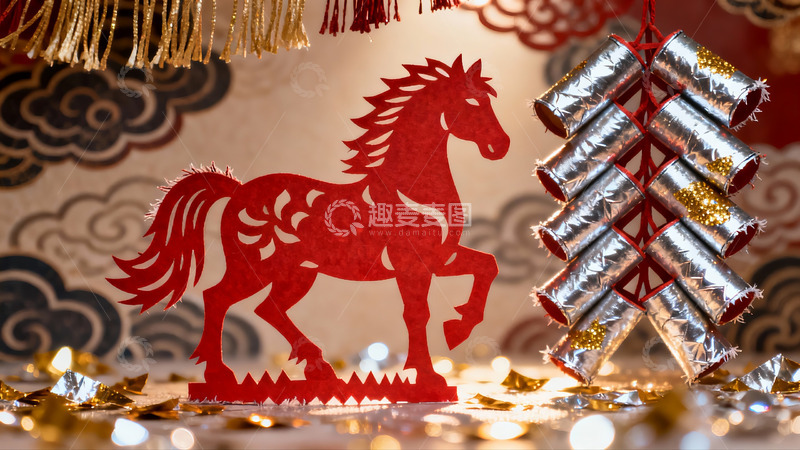 高清大图下载【趣麦麦图】春节剪纸马与鞭炮装饰
