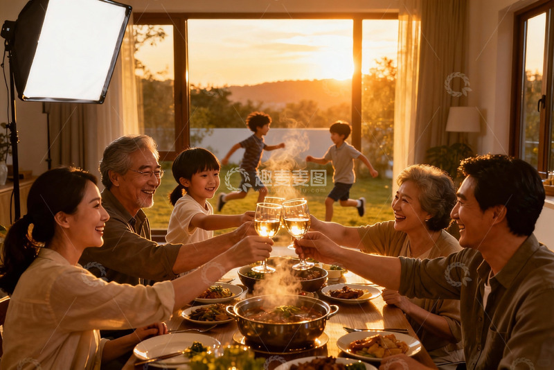 高清大图下载【趣麦麦图】温馨家庭晚餐举杯庆团圆