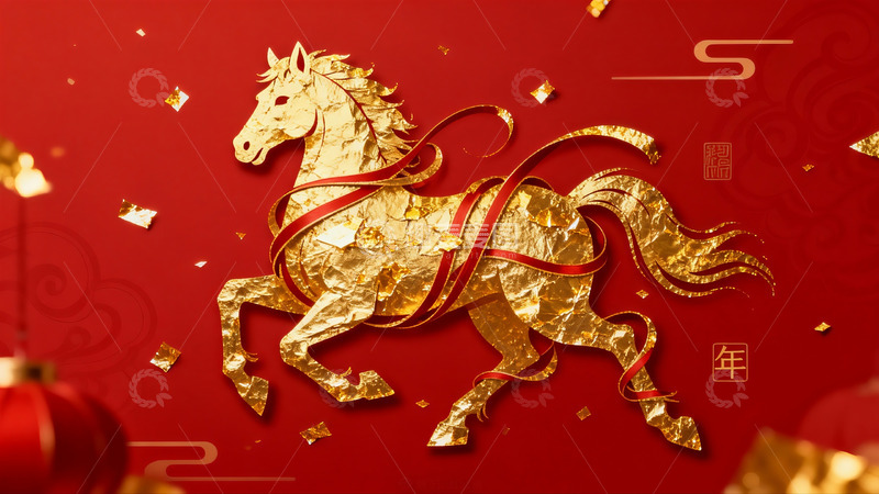 高清大图下载【趣麦麦图】金色骏马剪纸艺术新年装饰