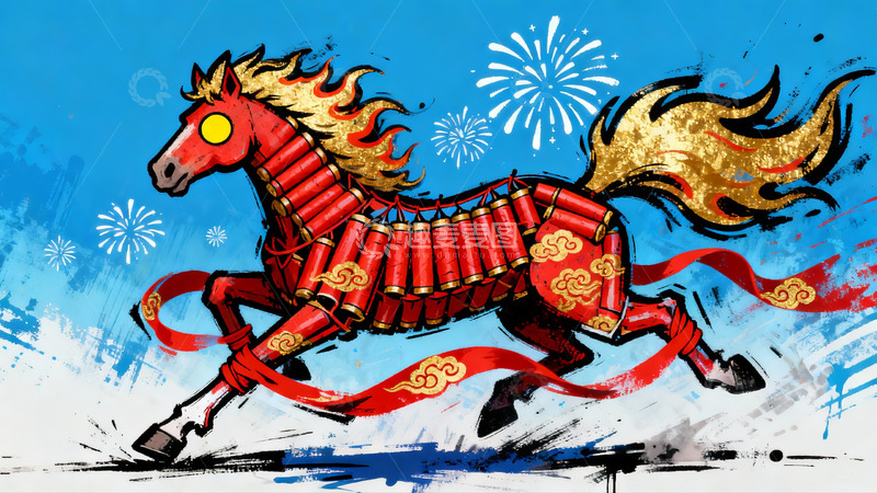 高清大图下载【趣麦麦图】烟花骏马奔腾图