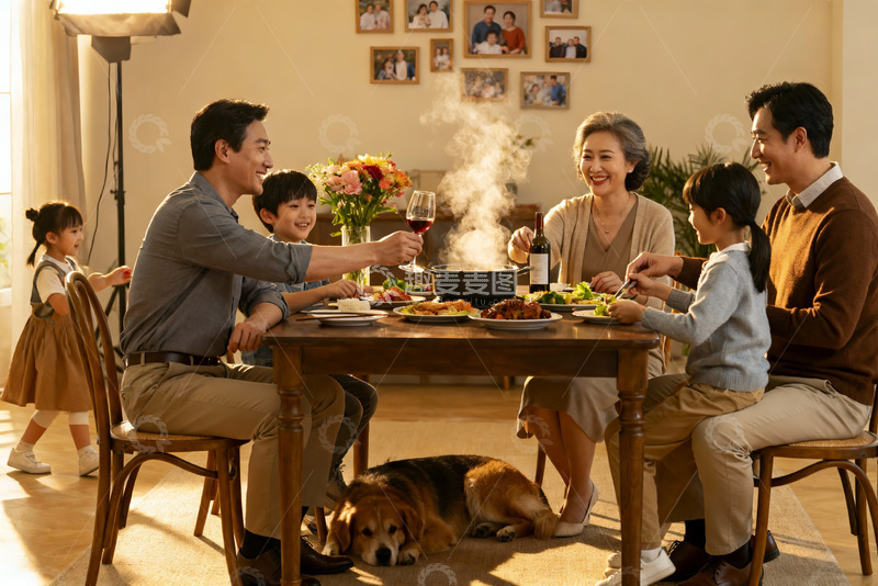 高清大图下载【趣麦麦图】三代同堂家庭聚餐温馨场景