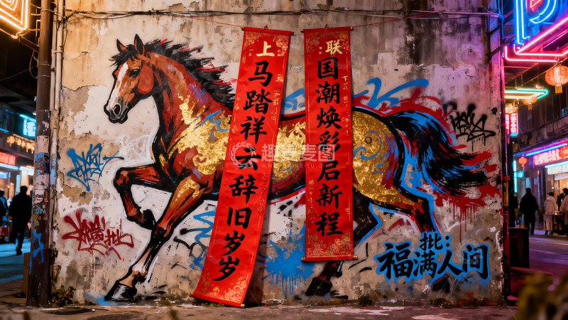 高清大图下载【趣麦麦图】夜街墙绘骏马与春联