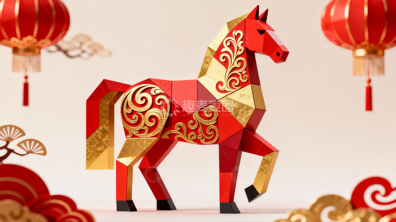 高清大图下载【趣麦麦图】红色立体马与灯笼装饰