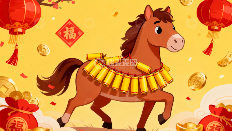 高清大图下载【趣麦麦图】卡通骏马迎新春装饰画面