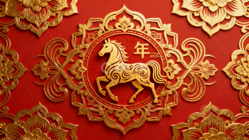 高清大图下载【趣麦麦图】红色背景金色马年剪纸图案