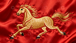 红色绸缎上的金色骏马刺绣