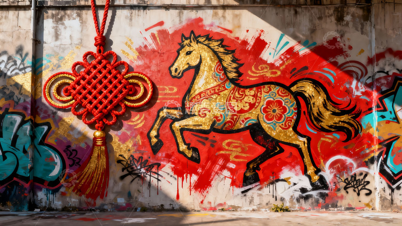高清大图下载【趣麦麦图】街头艺术壁画金色骏马与中国结