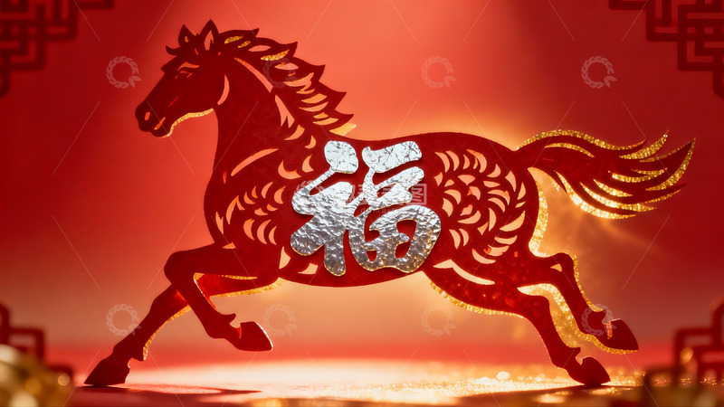 高清大图下载【趣麦麦图】红色剪纸马与福字图案