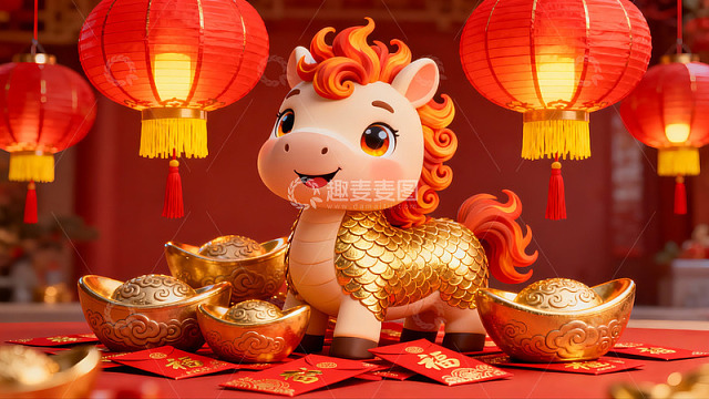 新年马年吉祥物与红灯笼