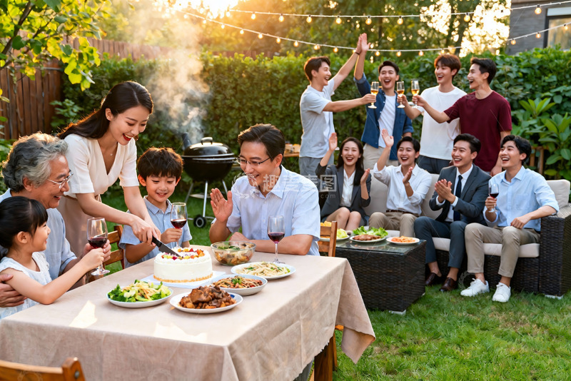 高清大图下载【趣麦麦图】家庭聚会户外烧烤欢庆场景