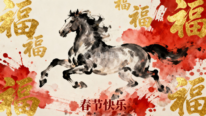 高清大图下载【趣麦麦图】水墨骏马迎春图
