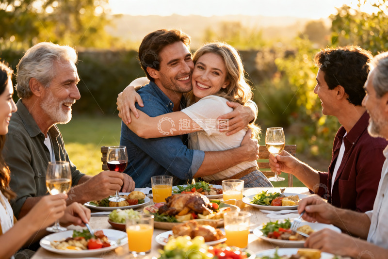 高清大图下载【趣麦麦图】夕阳下家人朋友户外聚餐拥抱