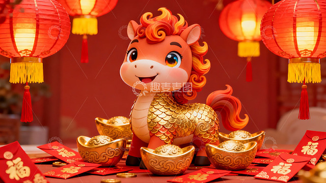 春节装饰中的卡通马与金元宝