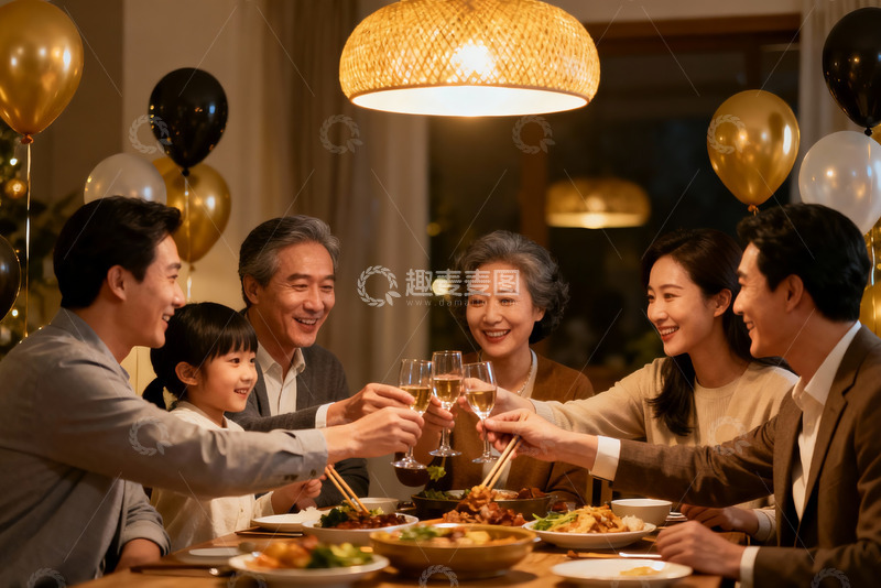 高清大图下载【趣麦麦图】温馨家庭聚餐举杯欢庆