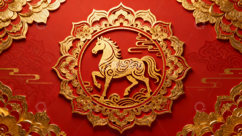 高清大图下载【趣麦麦图】红色背景金色马纹装饰图案