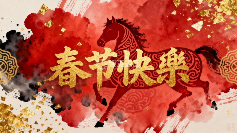 高清大图下载【趣麦麦图】春节快乐红色骏马贺岁图
