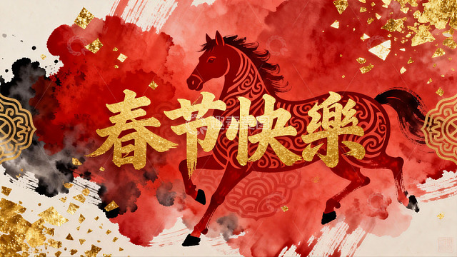 春节快乐红色骏马贺岁图