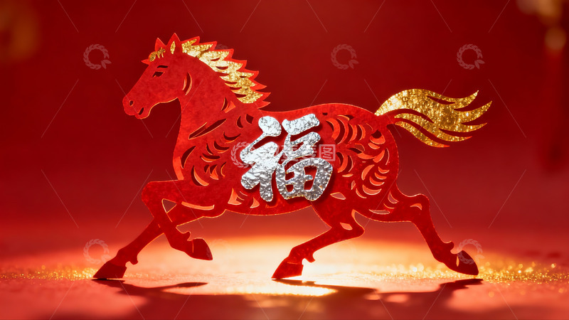 高清大图下载【趣麦麦图】红色剪纸马与福字装饰