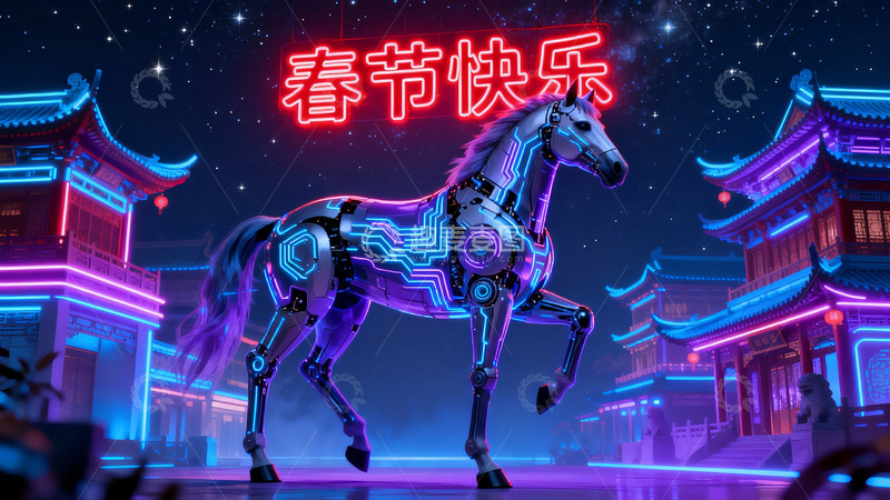 高清大图下载【趣麦麦图】科技骏马迎新春夜景