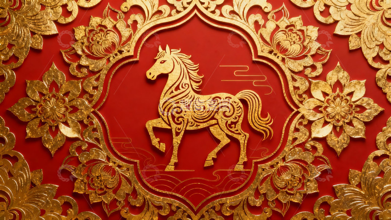 高清大图下载【趣麦麦图】红色背景金色马纹样图案