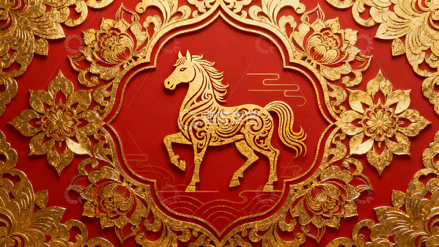 红色背景金色马纹样图案