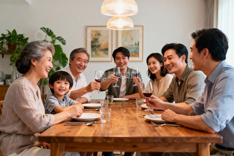 高清大图下载【趣麦麦图】三代同堂家庭聚餐举杯欢庆