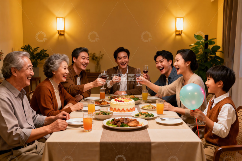 高清大图下载【趣麦麦图】家庭聚餐欢庆生日温馨场景
