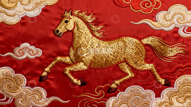 金色骏马刺绣图案