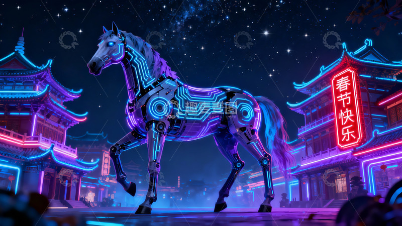 高清大图下载【趣麦麦图】霓虹科技马夜景建筑