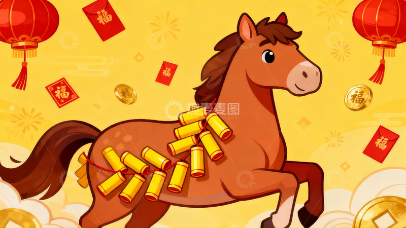 高清大图下载【趣麦麦图】卡通骏马挂鞭迎新春