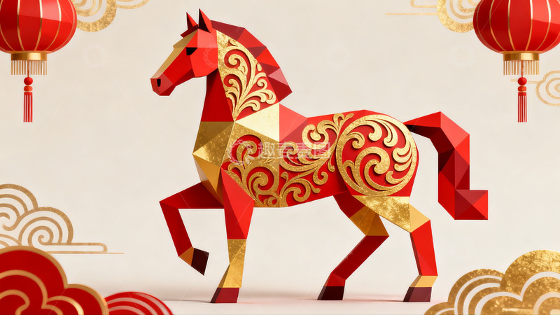 高清大图下载【趣麦麦图】红色立体马与灯笼装饰图案
