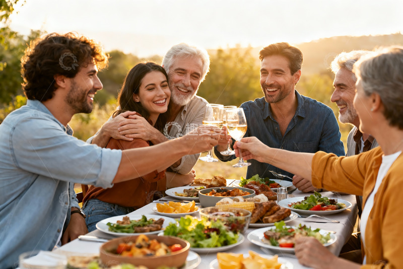 高清大图下载【趣麦麦图】家人朋友户外聚餐举杯欢庆