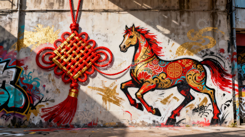 高清大图下载【趣麦麦图】街头艺术壁画骏马与中国结